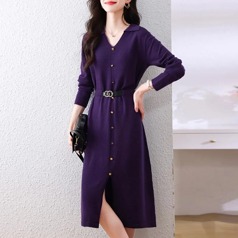 

French Elegant Long Knitted Dress Women, Autumn And Winter New Slimming Hem Split Sweater Dress