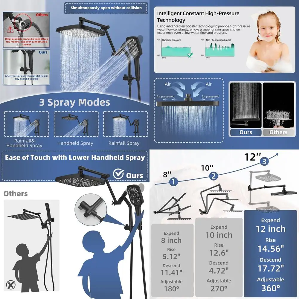 

12 Matte Black Dual Shower System with Adjustable Height, 3+1 Spray Settings & Power Wash Mode