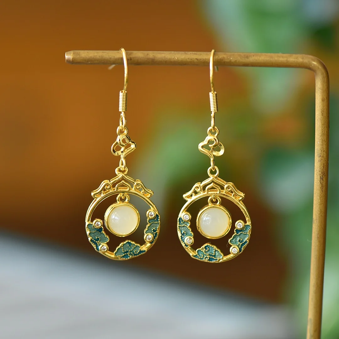 Exquisite Fidelity Hetian jade white enamel colored earrings