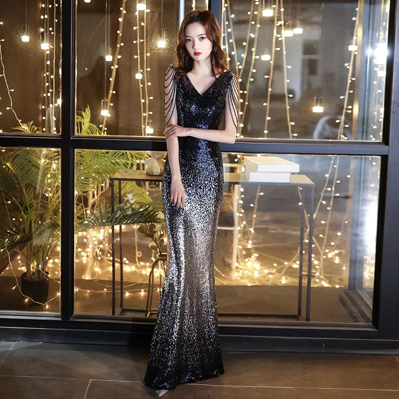 Sequined Evening For Women 2024 New Sexy Aura Queen Fishtail Slim-Fit Long Host Dress Slimming