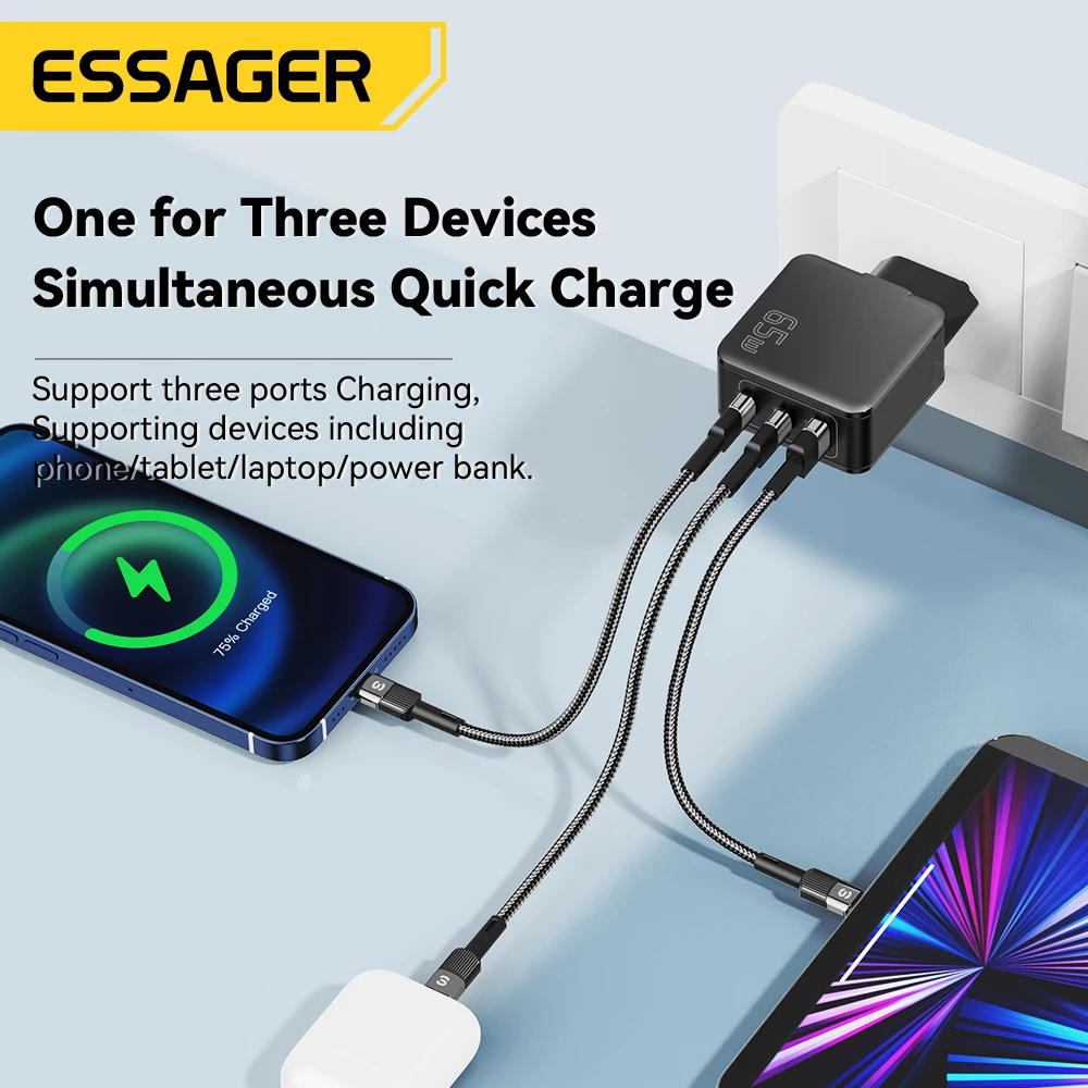 Essager GaN 65W USB C Charger Fast Charge QC4.0 Type C Charger PD3.0 USB Charger For iPhone 14 13 Pro Max MacBook Xiaomi Laptop