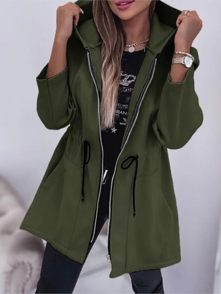 Women Casual Solid Hooded Zipper Jacket Coats Autumn Winter Full Sleeved Thick Jackets Tight Waist Spliced Length Pockets Coat