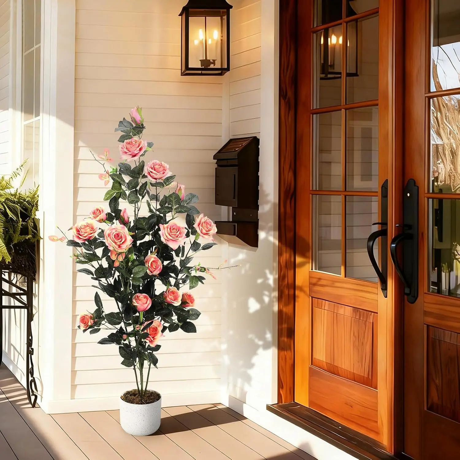 Garvee 120cm Künstlicher Rosenbaum im Topf, Kunstpflanze mit Echtem Holzstamm, Realistische Rosa & Weiße Blüten, Umweltfreundliche Pflegeleichte Dekoration für Wohnzimmer, Büro und Zuhause