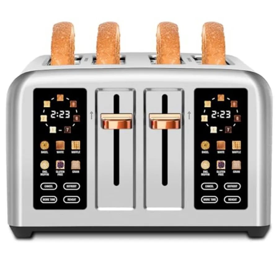 

4-Slice Stainless Steel Smart Toaster with Touch Screen Dual Control Digital Timer 6 Bread Types 7 Shade Settings 1.5'' Wide Sl