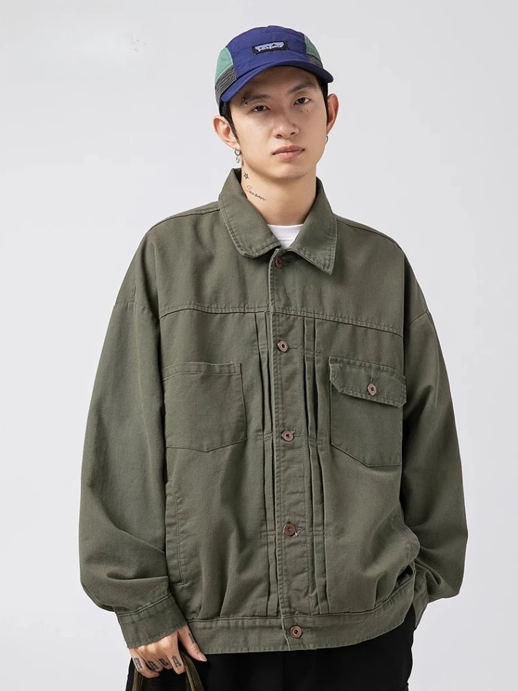 Vintage Utility Cargo Denim Jacket Men Pleated Front w/ Flap Pockets Long Sleeve Oversized Spring Fall 2025 Casual Coat