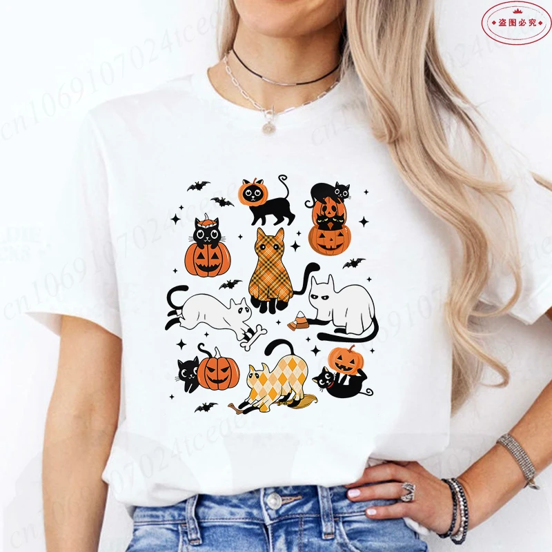 

Fashion Black Cat Print Women T-Shirt Short Sleeve Crew Neck Casual Tops for Summer Spooky Season Women's Clothing Tops Tees