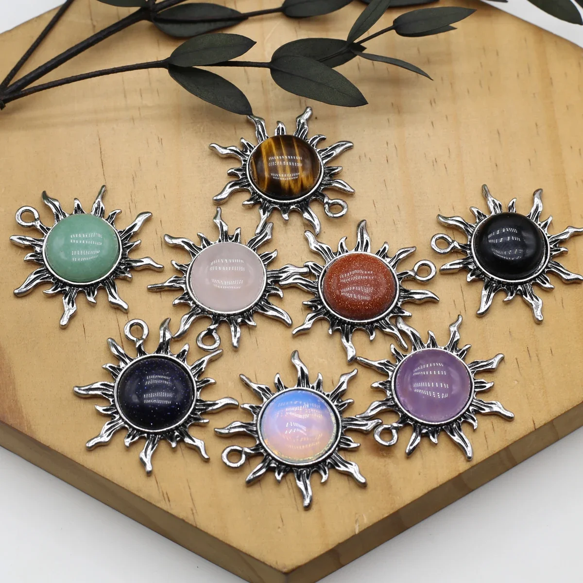Natural Stone Pendants Tibetan Silver Color Sun God Pink Quartz Opal Exquisite shape for Jewelry Making Diy Necklace Accessories