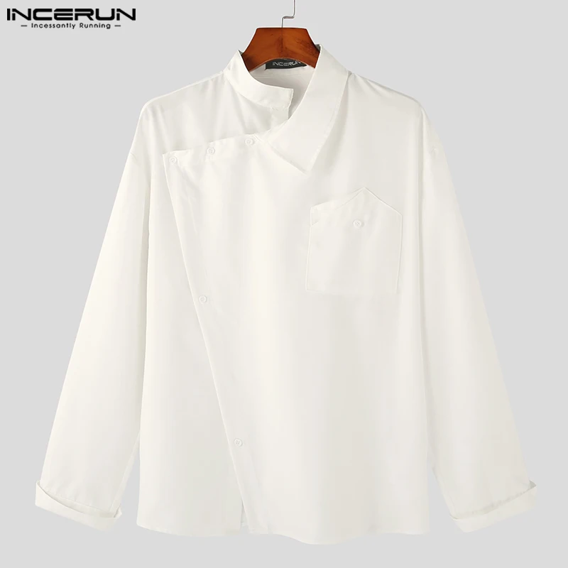 INCERUN-Blusa de manga larga para hombre, camisa informal de estilo Simple, con solapa Diagonal, color sólido, S-5XL