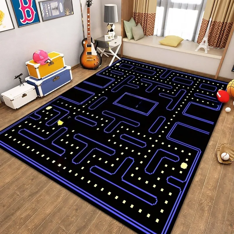 Living Room Mat Retro Arcade Maze Printed Large Rectangular Carpet Neon Blue Tracks Pixel Ghosts for Gaming Zone Sofa