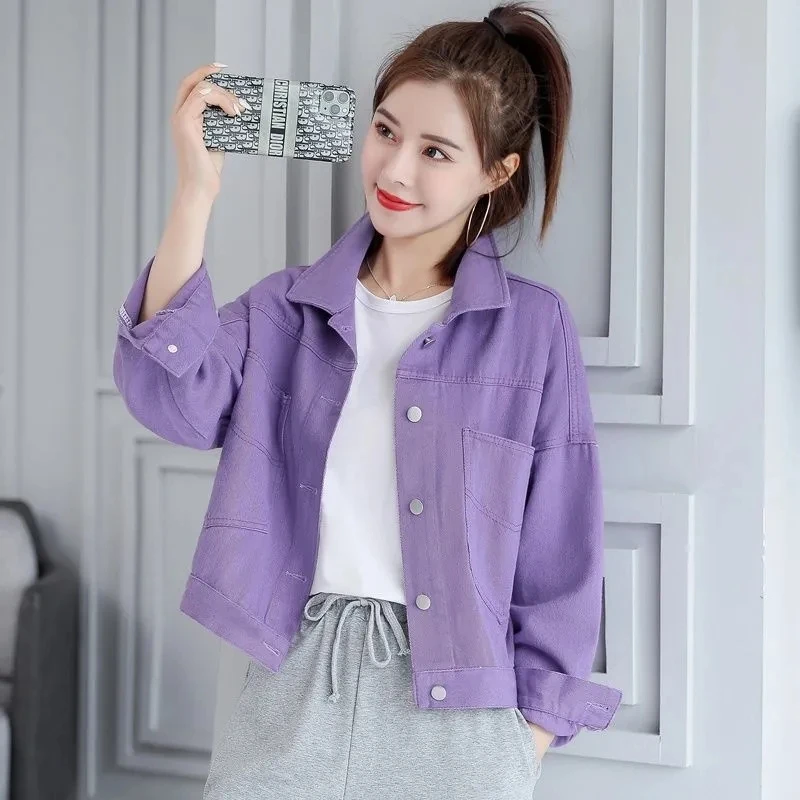 Women Korean Small Purple Loose Denim Short Jacket Cardigan 2024 Early Spring And Autumn Female New Casual Versatile Jacket Top