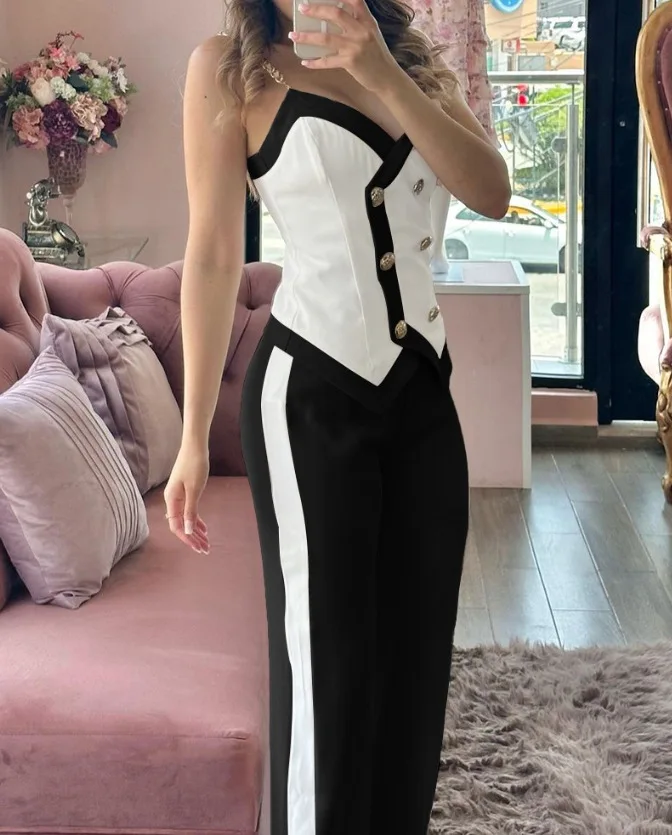 Women Two Piece Sets Pants Set Sexy Double Breasted V Neck Sleeveless Tanks Tops Splice Long Pants Straight Casual Autumn