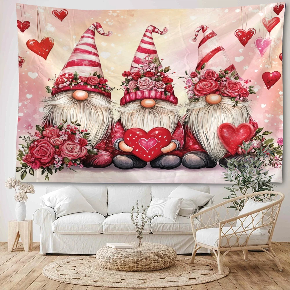 Valentine's Day Cute Dwarfs Handhold Heart Shaped Gifts to Create Romantic Proposal Background Decoration Tapestry