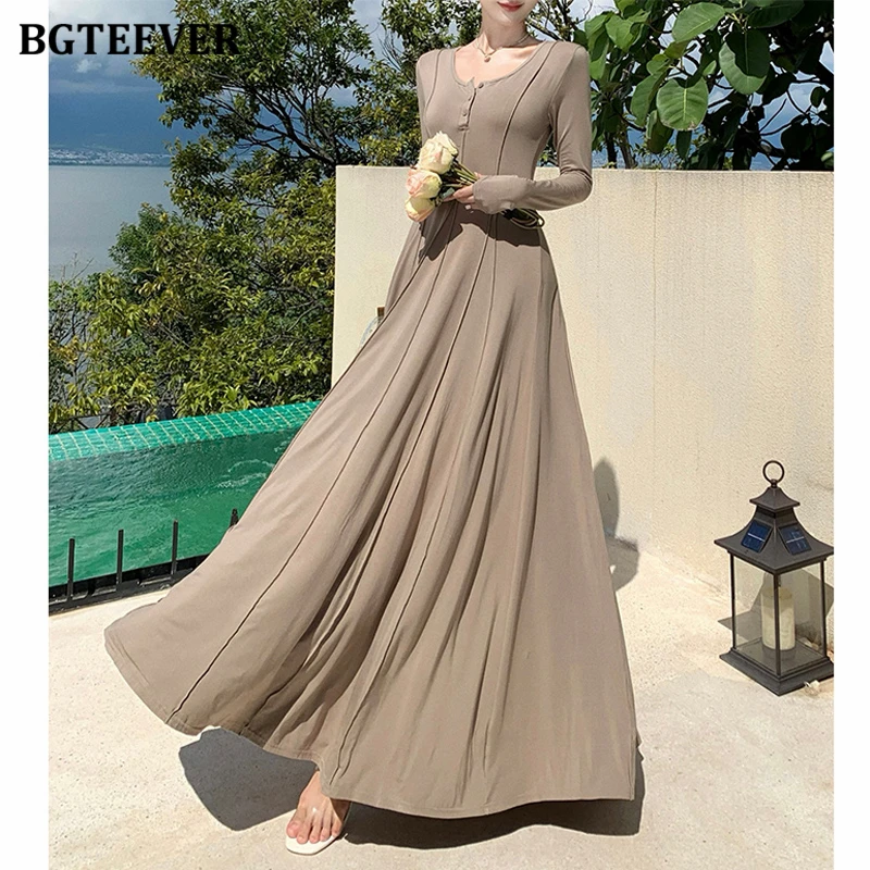 BGTEEVER Stylish Long Sleeve O-neck Female Knitted Floor-Length Dress Autumn Winter Slim Waist Ladies A-line Sweater Dress