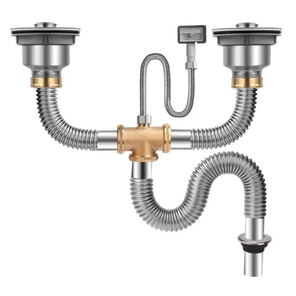 

Stainless Steel Sink Drain Pipe Set Single/Double Bowl Easy Install Sewer Replacement Pipe Space Saving Anti Clogging