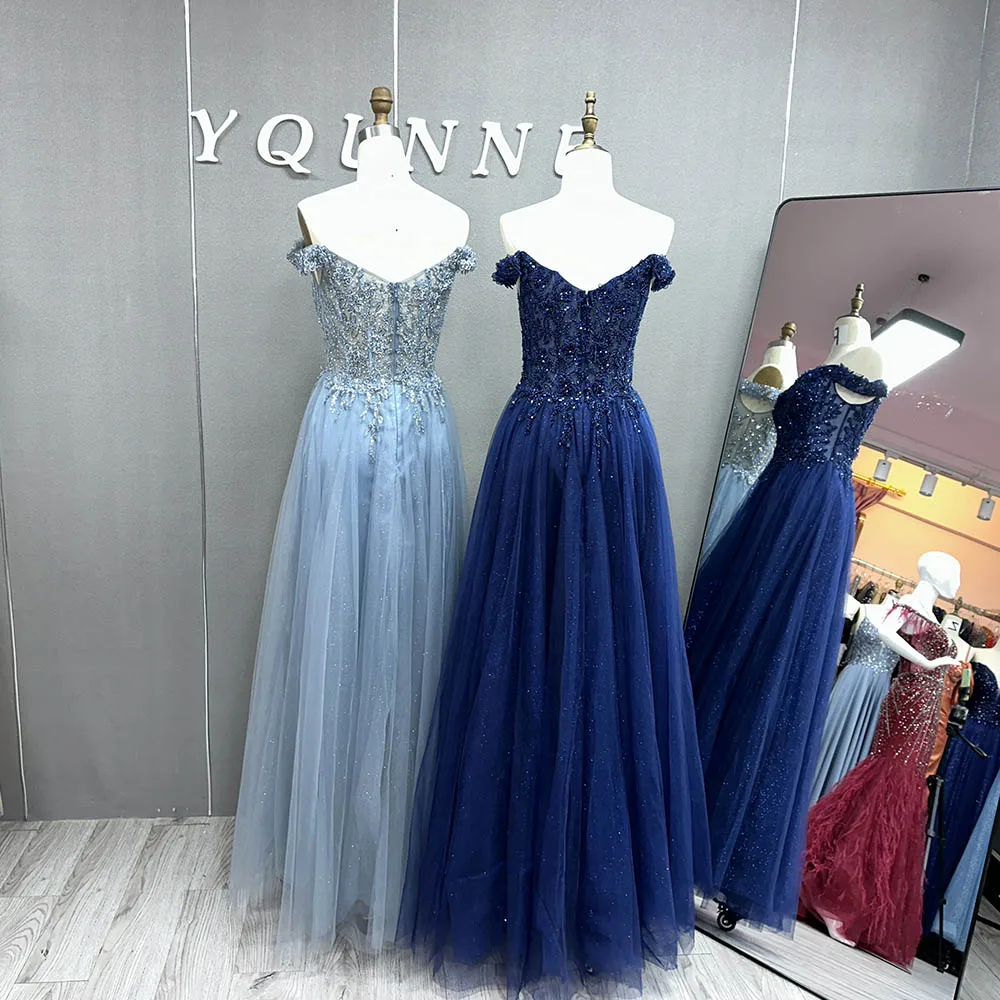 YQLNNE 2024 Navy Blue Long Prom Gala Dresses Off Shoulder Appliques Beaded Formal Women Party Gown Vestidos In Stock