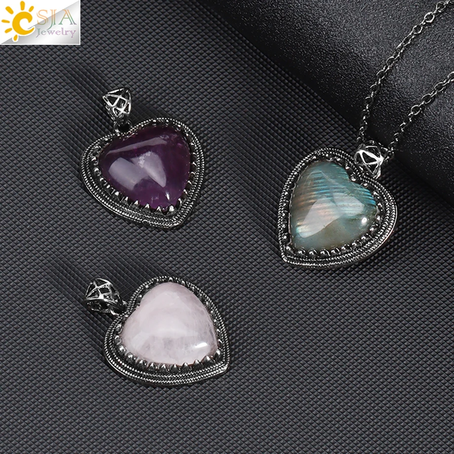 CSJA Natural Stone Heart Necklace for Women Healing Crystal Fluorite Labradorite Pink Quartz Pendant Stainless Steel Chain H427