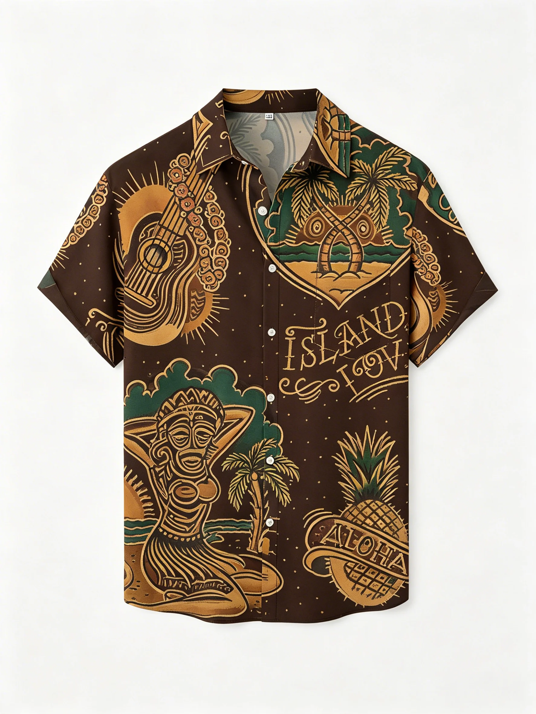 

Men's Brown Retro Tiki Aloha Print Button Up Shirt, Turndown Collar Hawaiian Tops for Spring Summer Beach Vacation Daily Wear