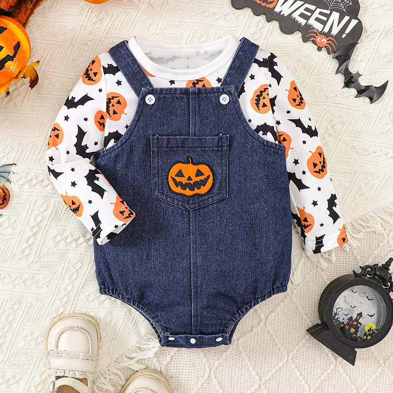 

2Pcs Baby Halloween Outfits Long Sleeve Bat Pumpkin Print Tops Denim Suspender Romper Overalls Set Infant Halloween Clothes