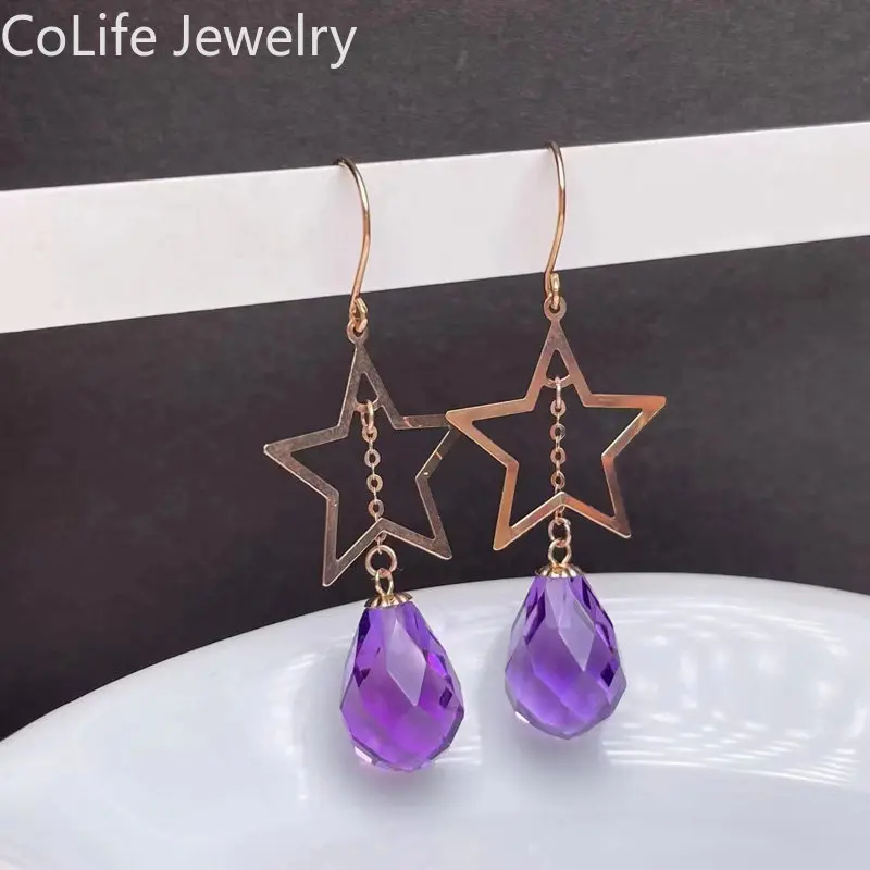 18K Rose Gold Drop Earring for Party Fashion Five-pointed Star Gold Drop Earrings Design Style Amethyst Gold Jewelry