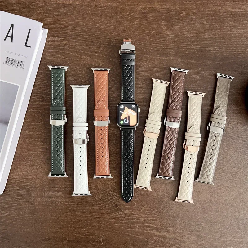 

Ремешок кожаный для Apple Watch S10 ultra2 S9 s8 SE3, роскошный модный сменный Браслет с ромбовидным узором для наручных часов, 45 мм 44 мм 41 мм 42 мм 49 мм 46 мм