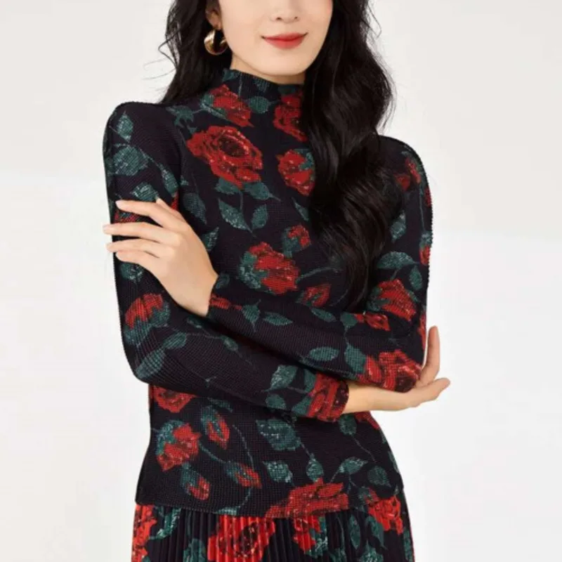 HKSH الخريف جديد المرأة العصرية تنورة زهرة مطبوعة مطوي ألف خط التنانير طويلة الأكمام نصف الياقة المدورة أنيقة شيك تي شيرت HK10603