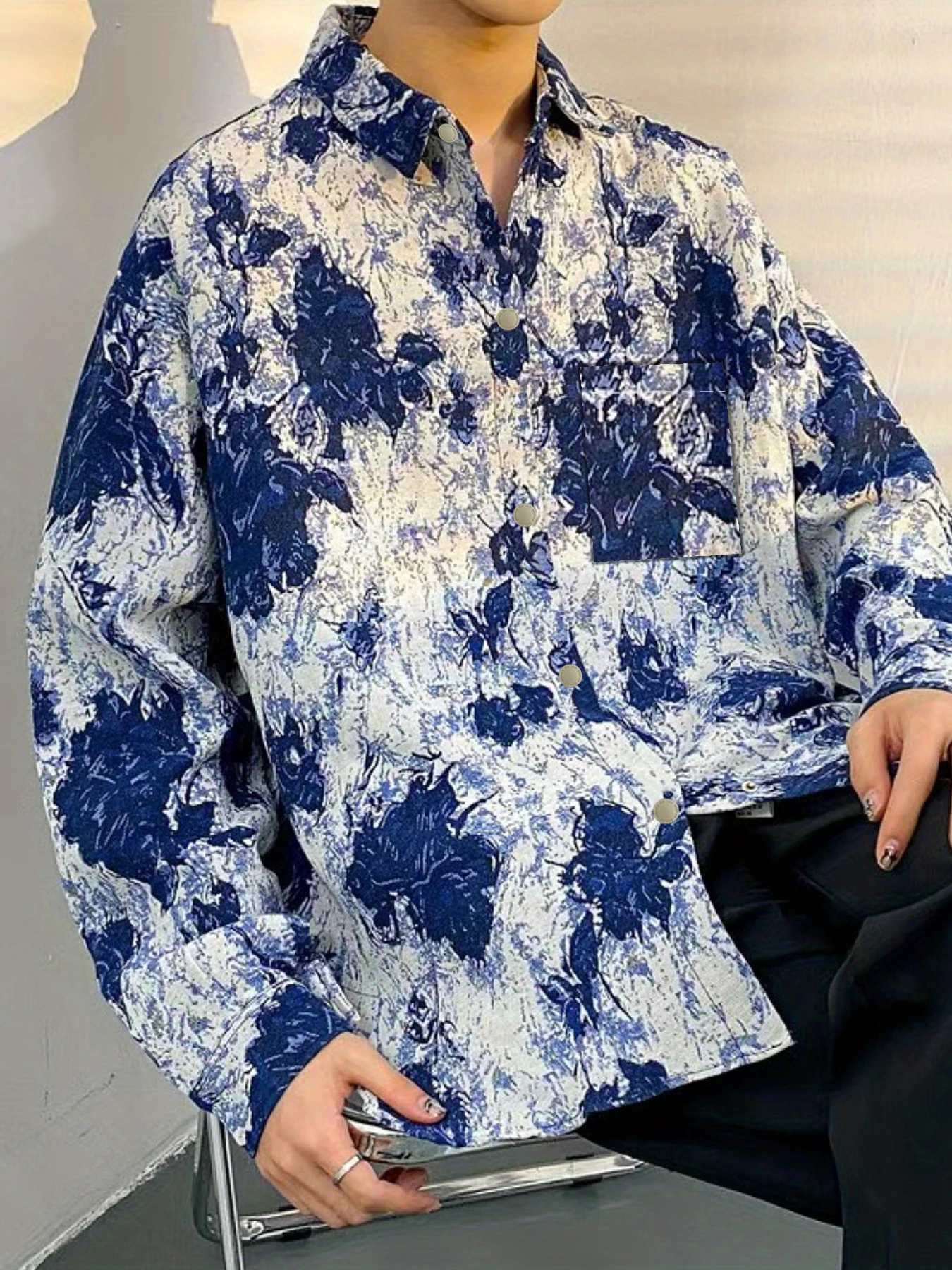 

Spring and Autumn Korean-style casual shirt-style outer coat, men’s color-woven, floral pattern, reversible collar jacket.