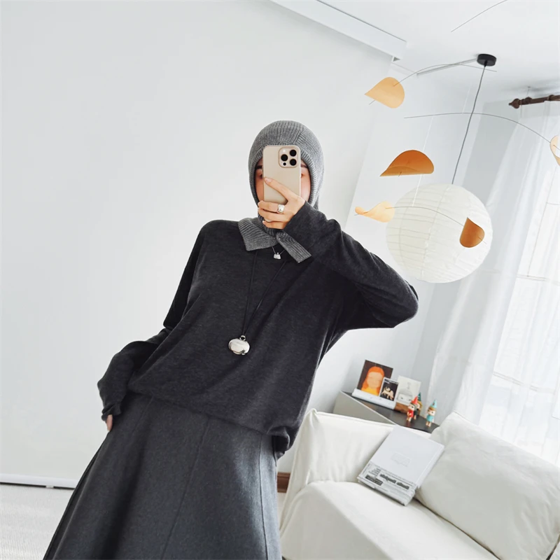 

Свободный женский шерстяной топ с длинным рукавом, эластичный, с глубоким вырезом, оригинальный дизайн, повседневный, зимний, утепленный, вязаный