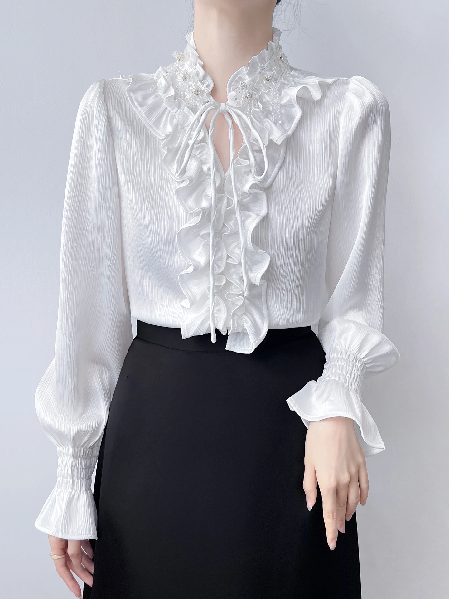 

Elegant Korean Style Satin Long Sleeve White Shirt with Beaded Texture Stand Collar Ribbon Tie Blouse for Women Commute Wear