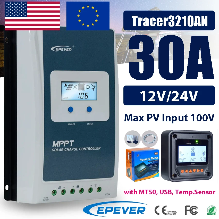 30A MPPT Solar Charge Controller 12/24V Battery Max PV Input 100V With USB Cable Remote Monitor EPEVER Regulator Tracer3210AN