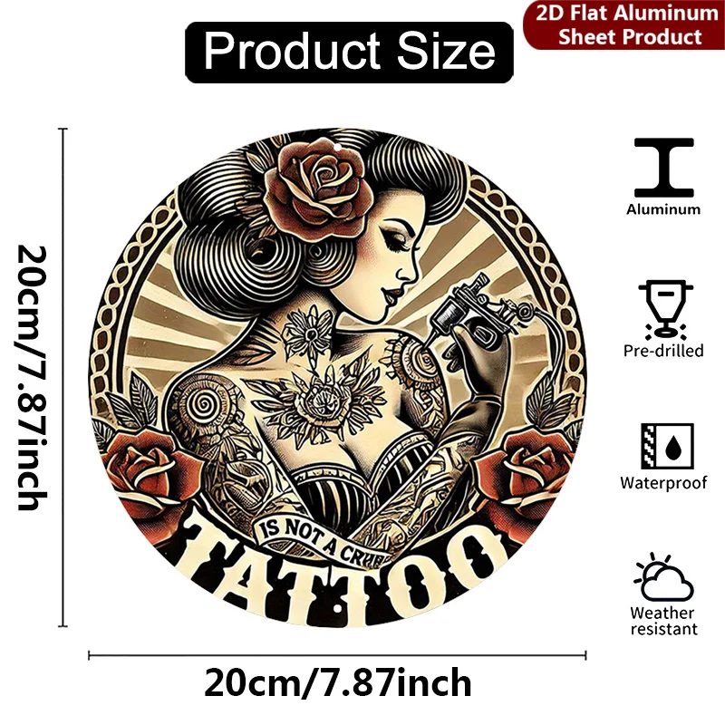 2D Flat, 1pc,Tattoo Art Transfer Round Sign,Vintage Tattoo Style Vintage Decorative Plaque,Rose Tattoo Design Porch Decor