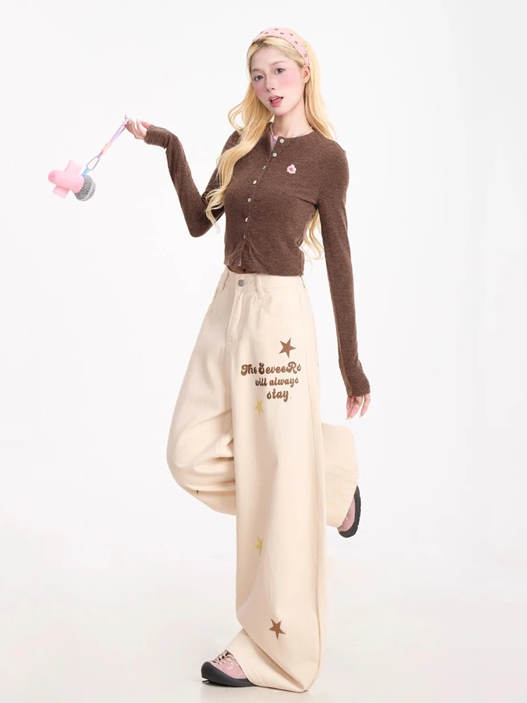 REDDACHiC Frauen Druck Stern Barrel Hosen Casual Lose Schriftzug Low Rise Taschen Breite Bein Grafik Hosen Vintage Y2k Streetwear