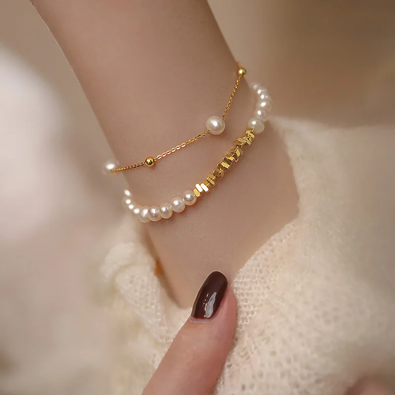 

Natural Freshwater Pearl Bead Bangle 925 Sterling Silver 18k Gold Plated Chain Bracelet for Women
