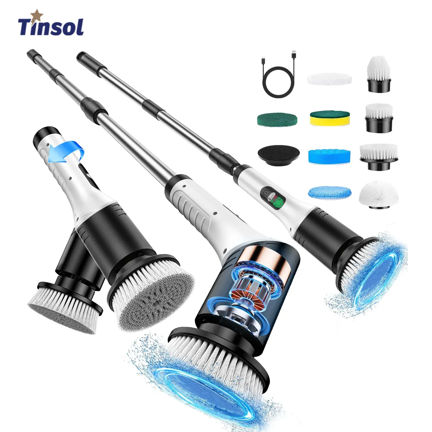 TINSOL New 9-in-1 Multi-Function Electric Cleaning Brush Cordless Rotary Cleaning Brush Handheld Retractable Digital Cleaner