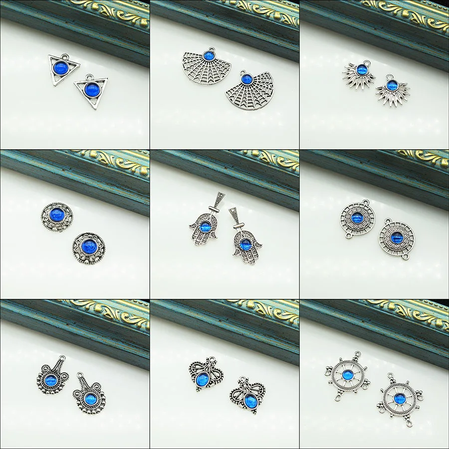 Retro Blue Glaze & Tibetan Silver Plated Heart Triangle Palm Fans Flower Guitar Charms