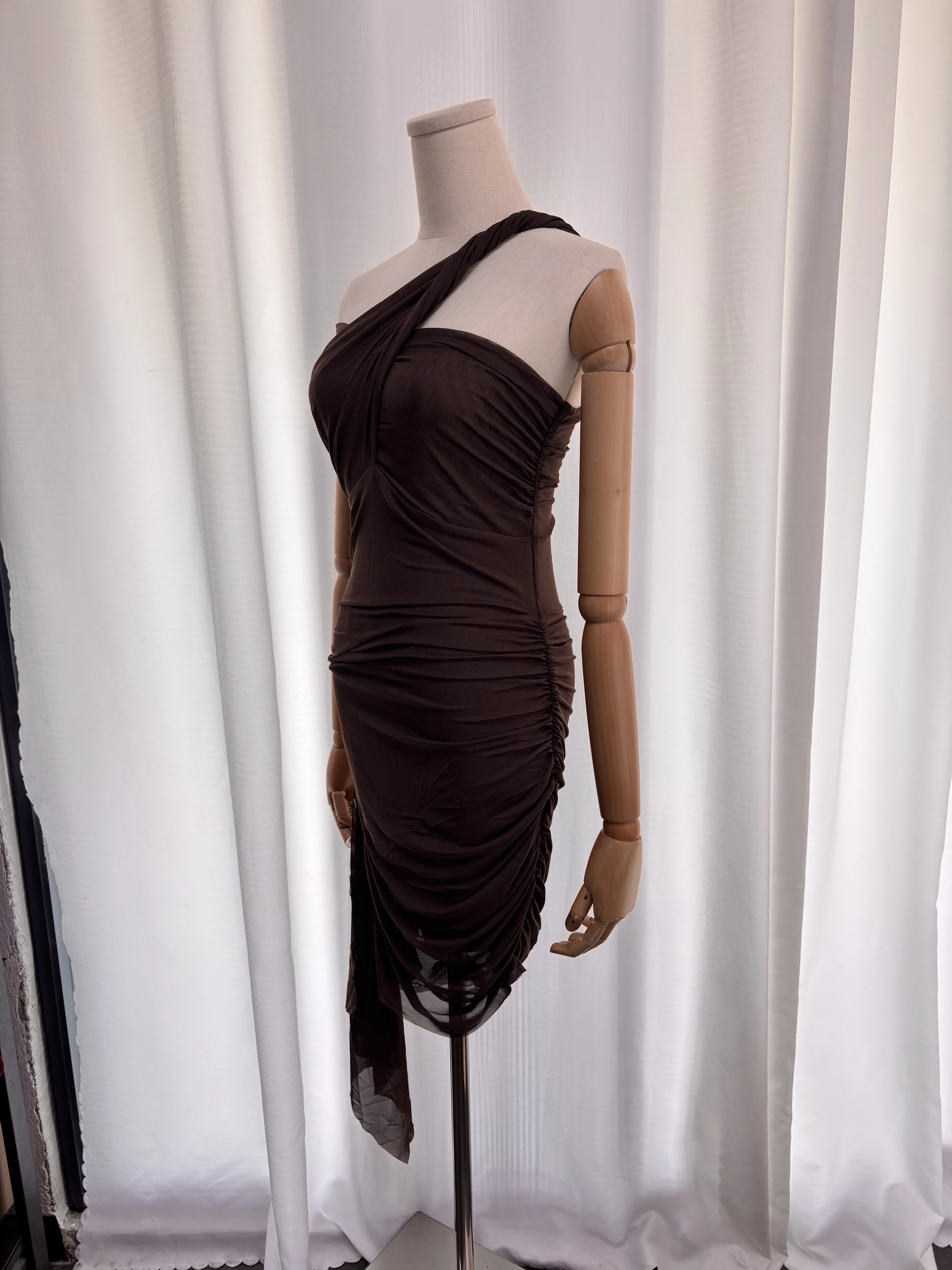 Real Shot Women Sexy One Shoulder Mesh Mini Dress Asymmetrical Streamer Ruched Bodycon Dress Night Club Party Evening Short Dres - view 3