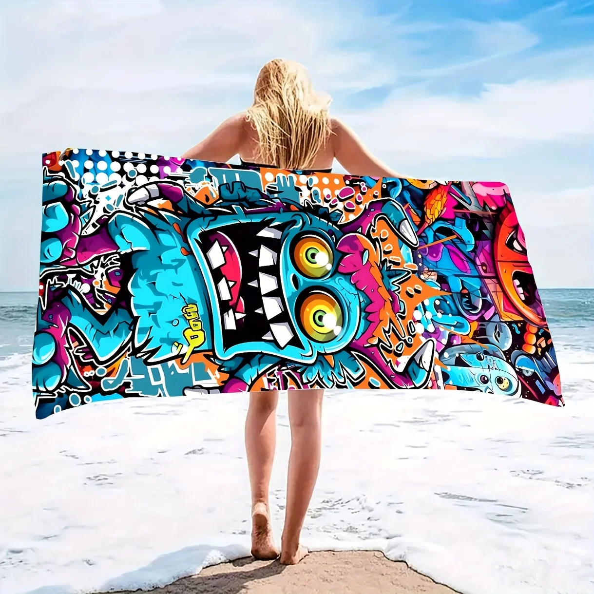 Vibrant Graffiti Monster Beach Towel, Urban Street Art Quick-Dry Sand-Free Microfiber Bath Towel for Summer Pool and Streetwear