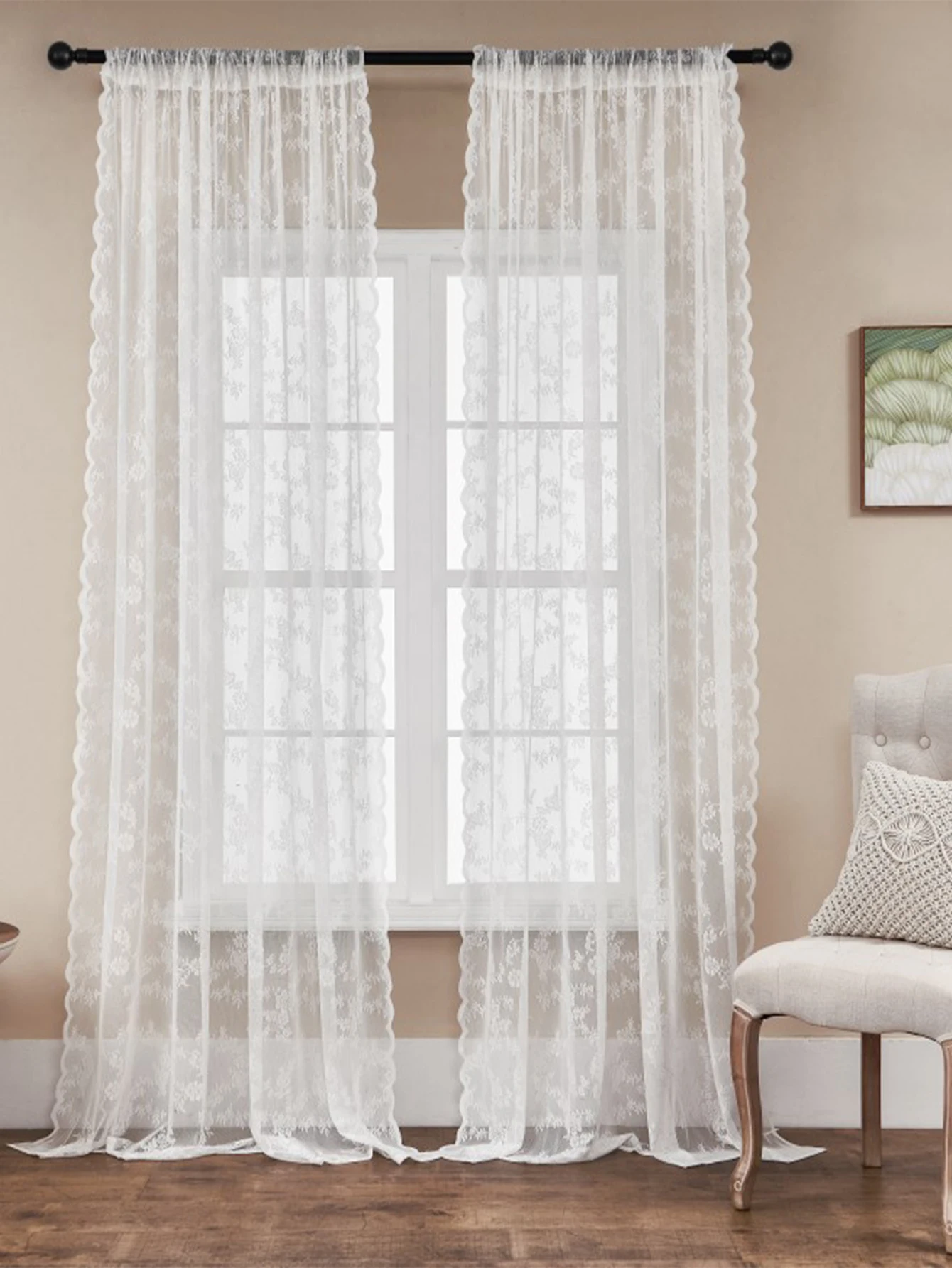 1PC Ramadan White Lace Small Floral Curtains, Sheer Plain Decorative Curtains Small Door Curtain Rod Pocket, Festive Curtain