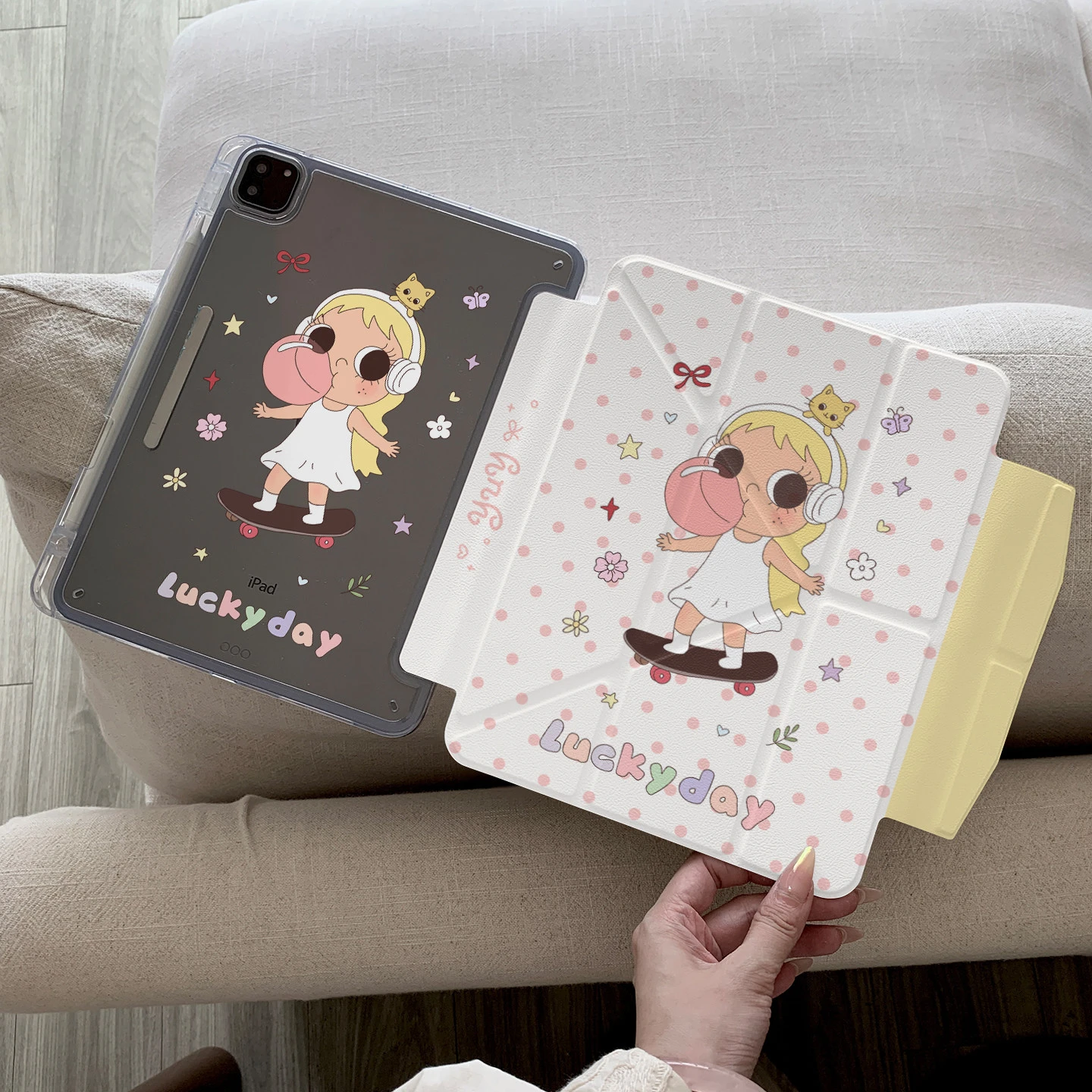 Cute Skateboarding Girl Polka Dot Tablet Case For iPad Pro 11 12.9 13 A16 M2 M4 M3 M5 5/6/7/8/9/10/11th Mini Air 3 4 5 6 Cover