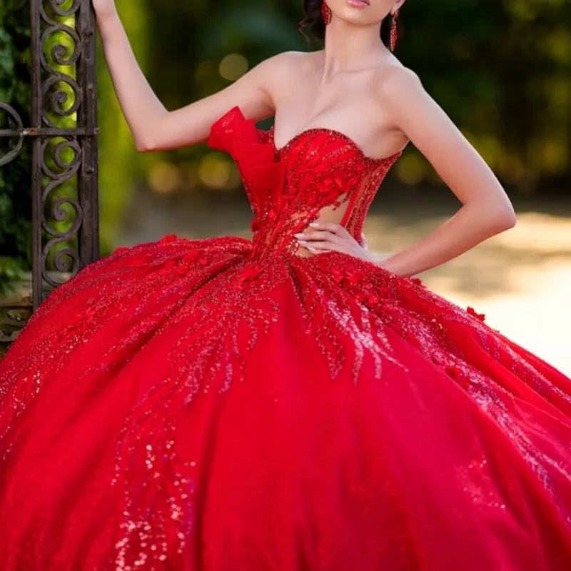 

Customized Shiny Red Quinceanera Dresses Off the Shoulder Tull applique Lace ruffles Bow Vestido De 15 Quinceanera