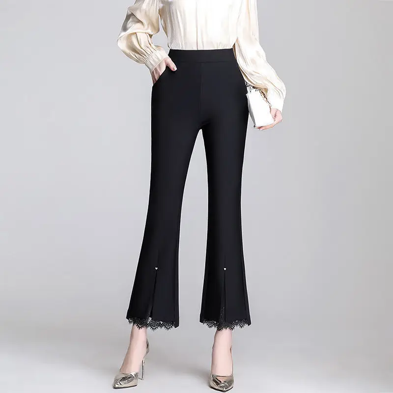 Spring Autumn Commute Elastic High Waist Solid Color Flare Pants Fashion Women\'s Clothing Korean Lace Spliced Casual Trousers