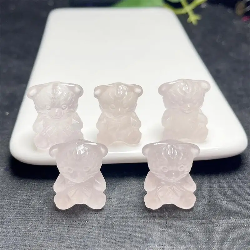 5PCS Natural Rose Quartz Cartoon Bear Carving Reiki Healing Stone DIY Accessories Holiday Birthday Gift 24MM