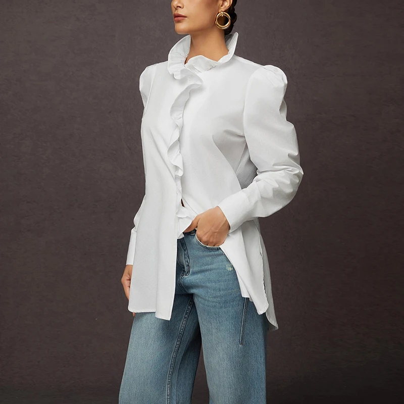 

Modigirl женские хлопковые белые рубашки, топы для офиса, женские весенне-осенние блузки с пышными рукавами и рюшами для женщин, элегантные новинки 2023 года