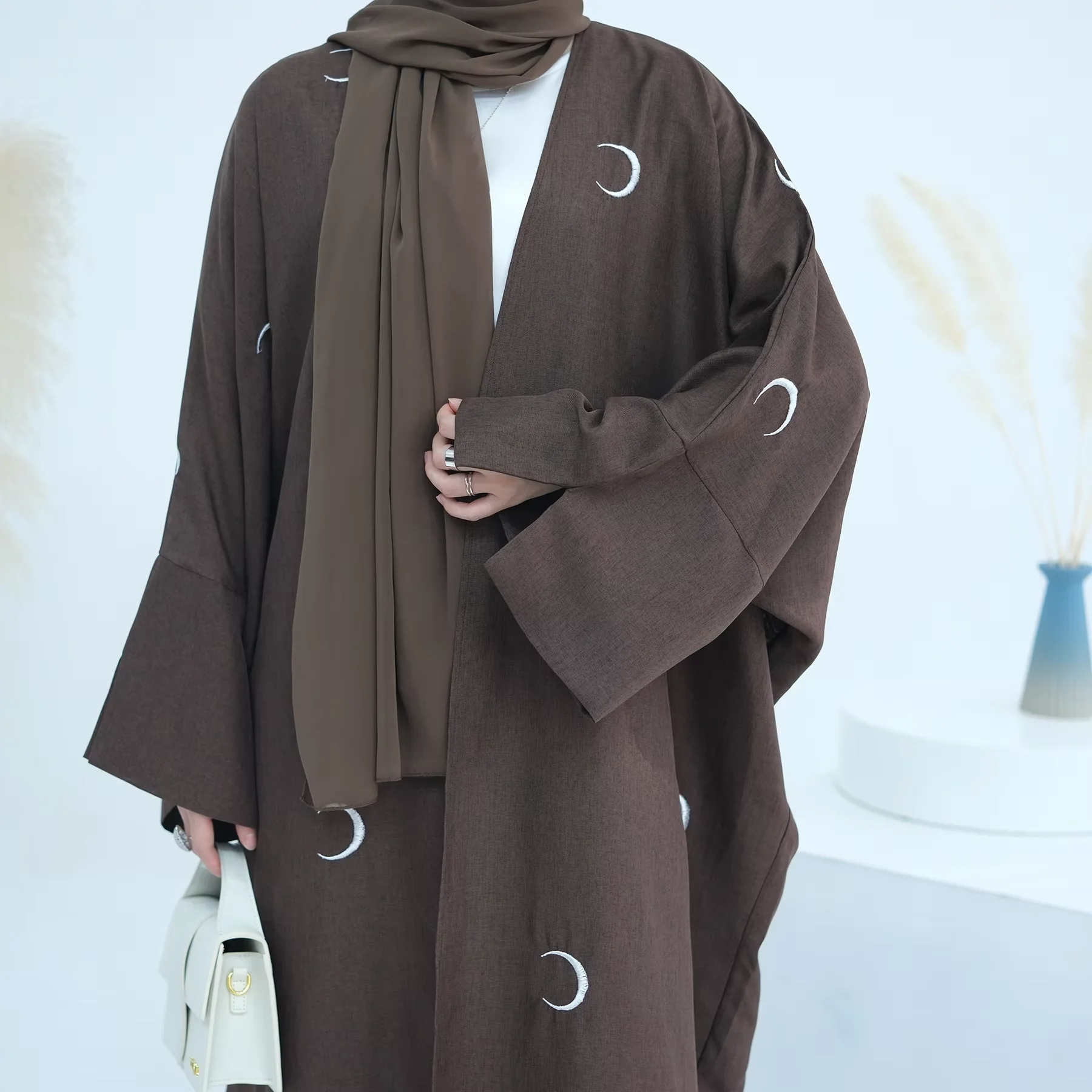 

Moon Embroidery Open Abaya for Women Kimono Cardigan Islam Clothing Turkey Muslim Long Dress Ramadan Eid Outfit Kaftan Jalabiya