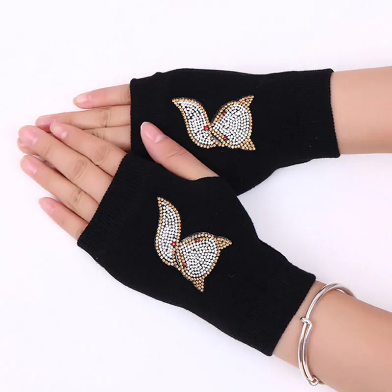 Guantes sin dedos para mujer, color negro, patrón de animales, bordado de rosa, medio dedo, guantes cálidos de invierno