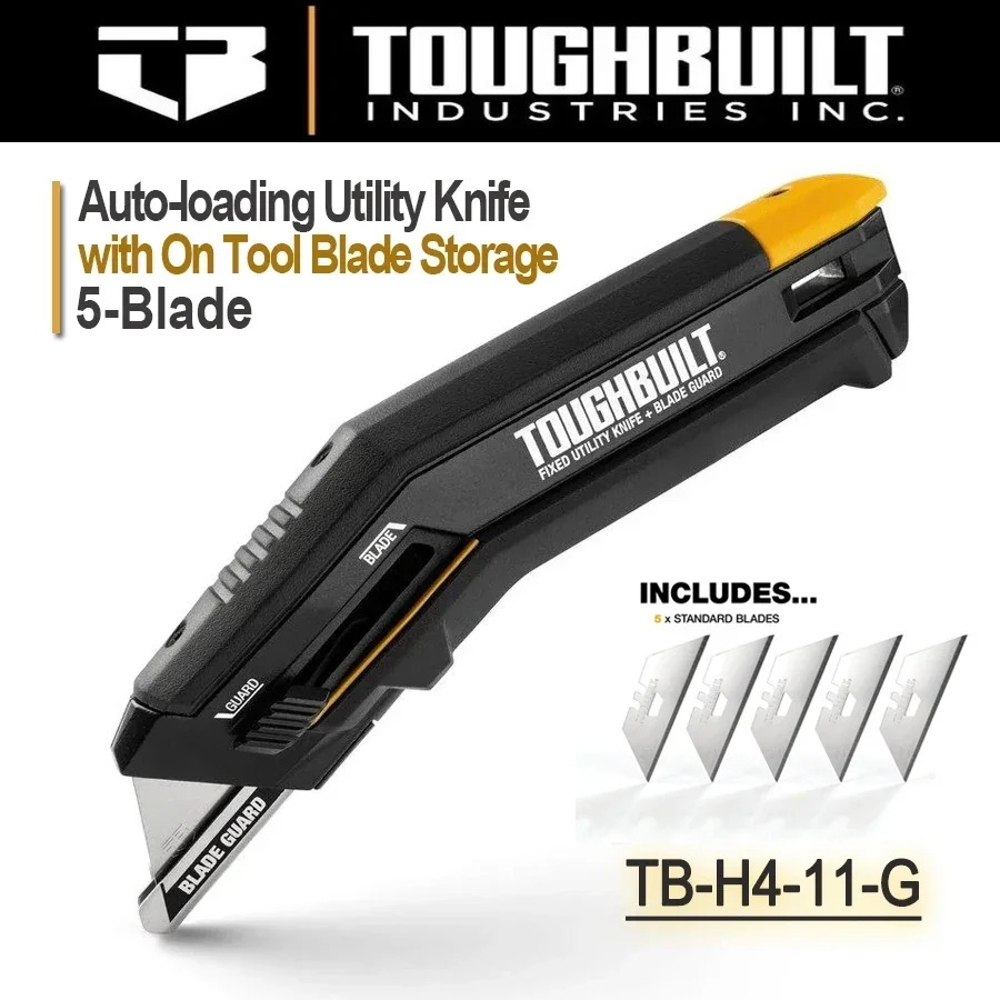 TOUGHBUILT TB-H4-11-G 5-Blade Utility Knife with On Tool Blade Storage Heavy Duty Fixed Blade with Sliding Guard 3/4-in