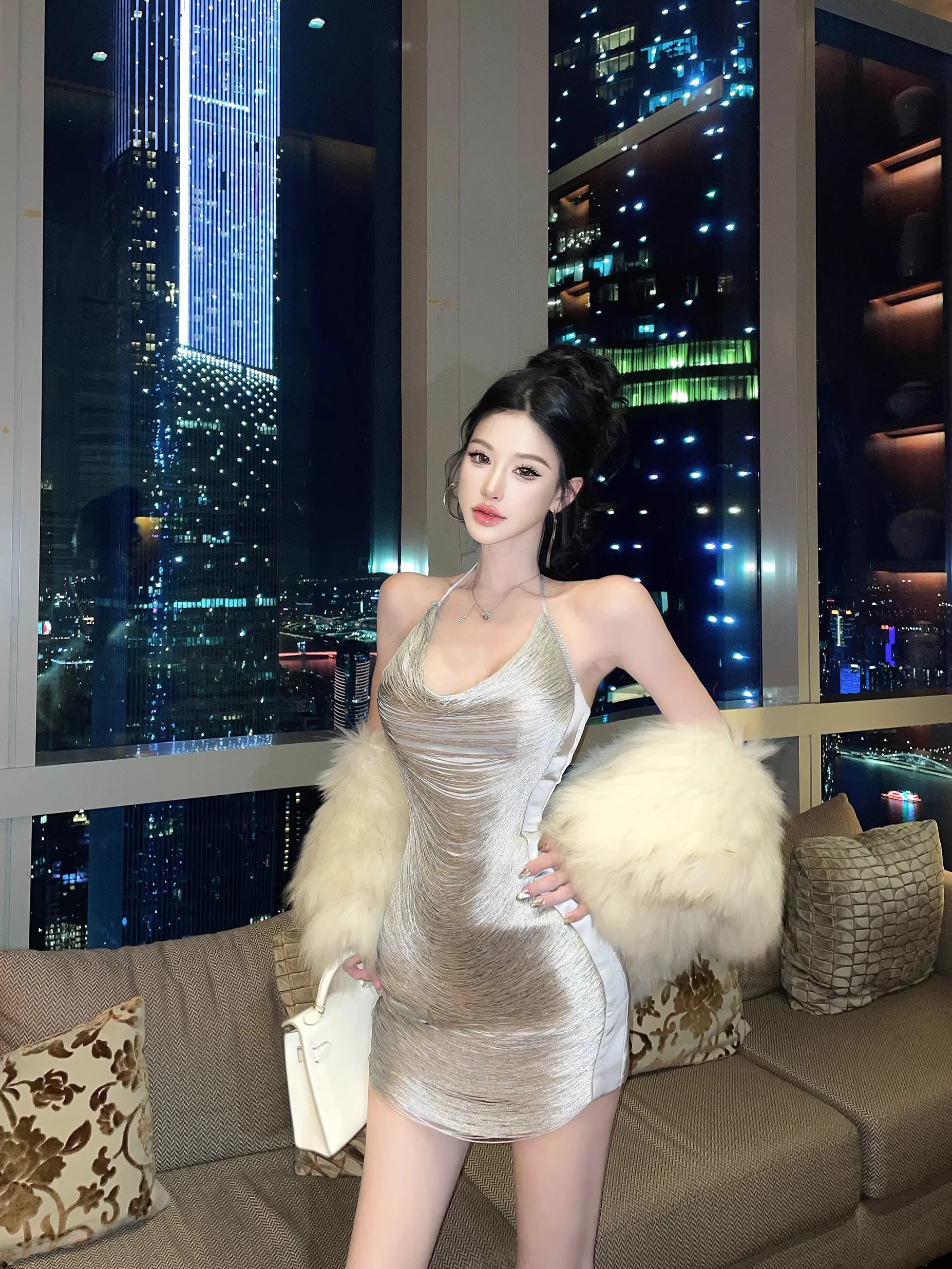 

Sensual Sexy ort Silver Skirt Women's Dr Ne Hanging Winter New Sle Birthday Par Bodycon Dr Sister Feeling