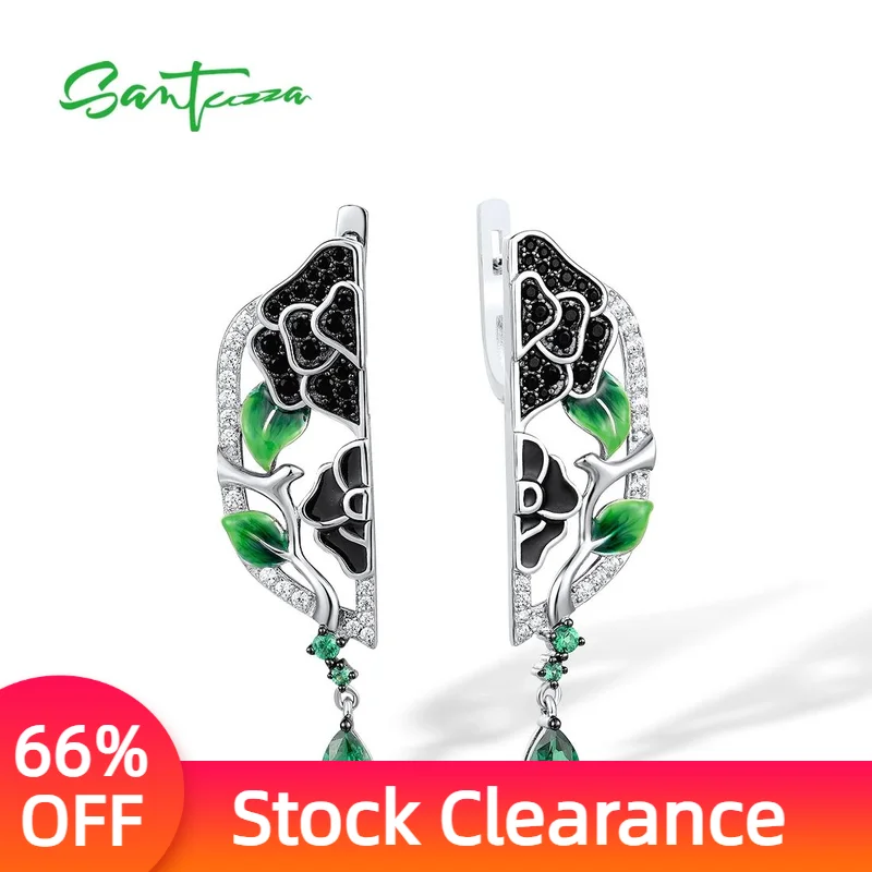 SANTUZZA 925 Sterling Silver Drop Earrings For Women White CZ Black/Green Spinel Enamel Peony Oriental Fine Jewelry Handmade