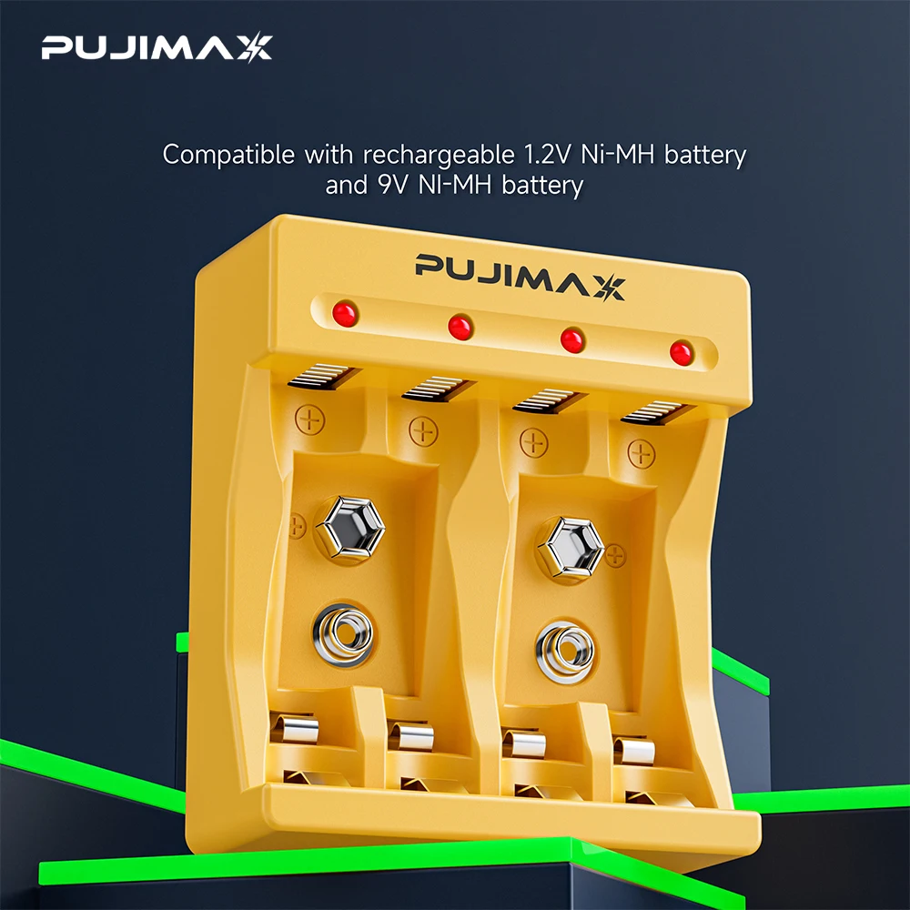 PUJIMAX 4 Slots Smart 9v Battery Charger Aaa AA NiMH NiCd Battery Adapter 1.2v AA AAA Rechargeable Battery 9v Charger for 2A 3A