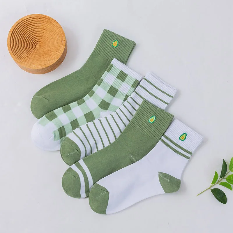 5 Pairs Of New Cartoon Women's Socks Autumn Casual Polyester Cotton Socks Avocado Striped College Style Women's Tube Socks