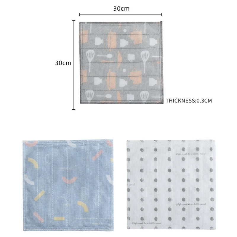 Estropajo de hilo de algodón con estampado de 3 piezas, trapo absorbente sin forro, para platos paño de cocina, toalla de limpieza de descontaminación